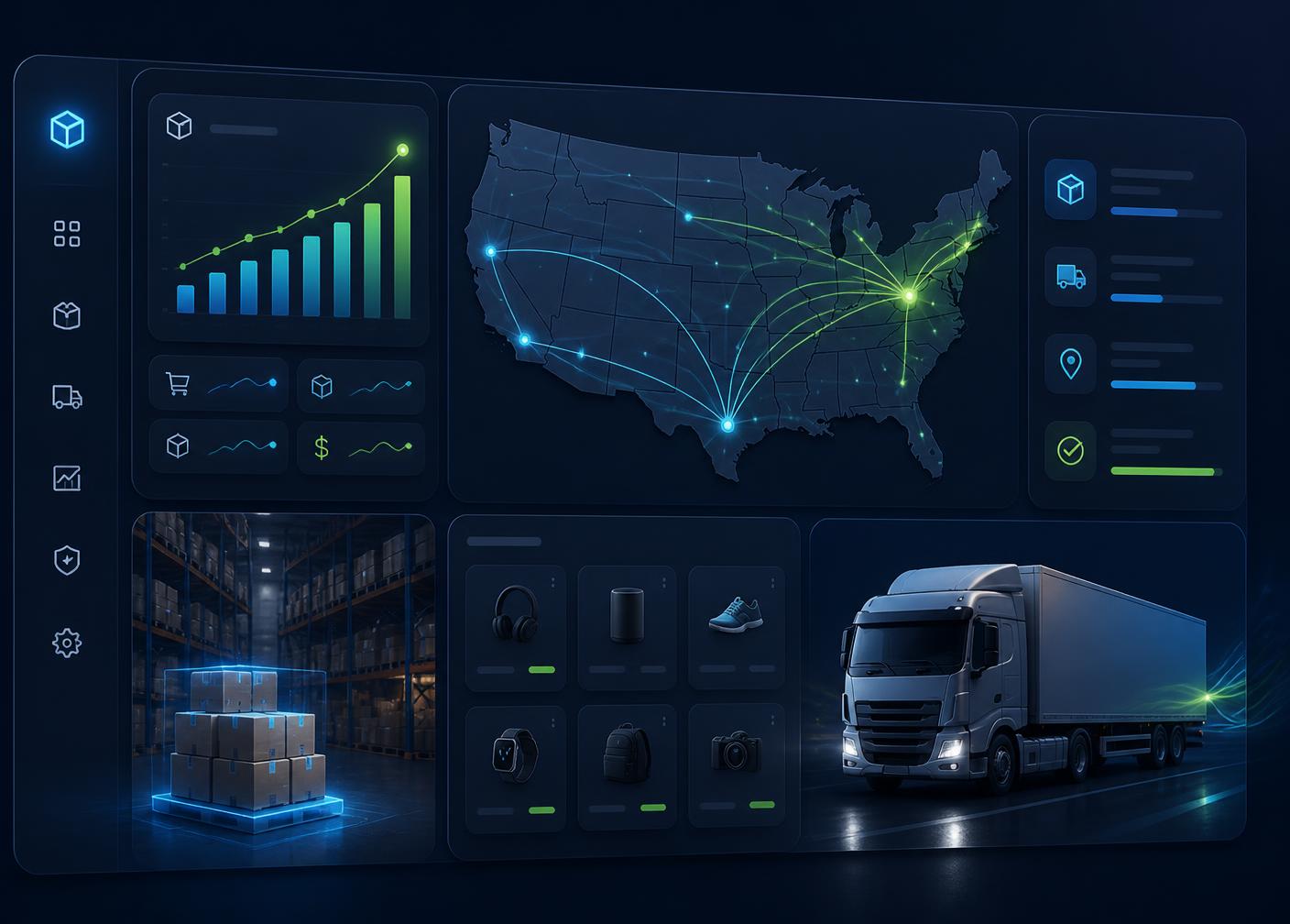 Farhan Store warehouse dashboard showing US shipping routes, live order analytics, and same-day fulfillment